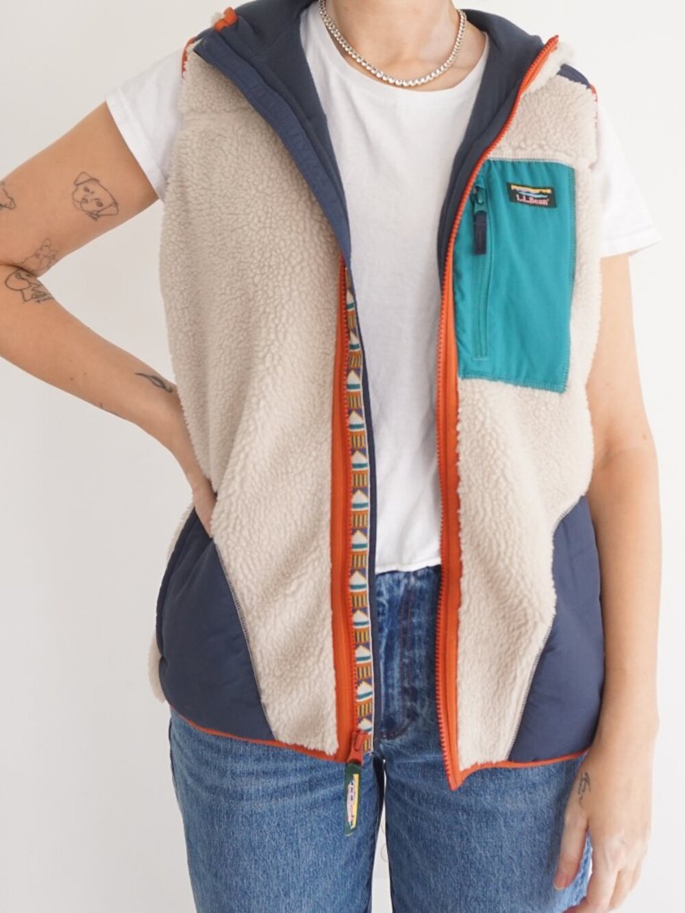 Vintage L.L.Bean Ivory Hooded Sherpa Fleece Hiking Trail Zip Outdoor Vest 18 Kid